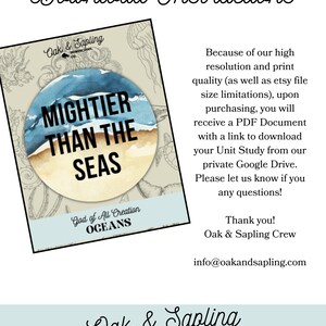 Peut inclure: Une feuille d'instructions de t&eacute;l&eacute;chargement num&eacute;rique avec le texte "Download Instructions". La feuille pr&eacute;sente un graphique circulaire avec les mots "Mightier Than The Seas" et "God of All Creation OCEANS". Le logo Oak & Sapling Homeschool Co. est en bas.
