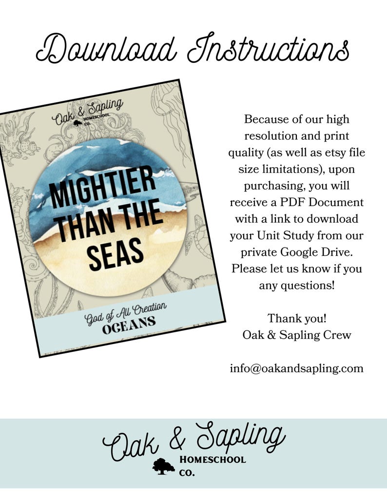 Peut inclure: Une feuille d'instructions de t&eacute;l&eacute;chargement num&eacute;rique avec le texte "Download Instructions". La feuille pr&eacute;sente un graphique circulaire avec les mots "Mightier Than The Seas" et "God of All Creation OCEANS". Le logo Oak & Sapling Homeschool Co. est en bas.