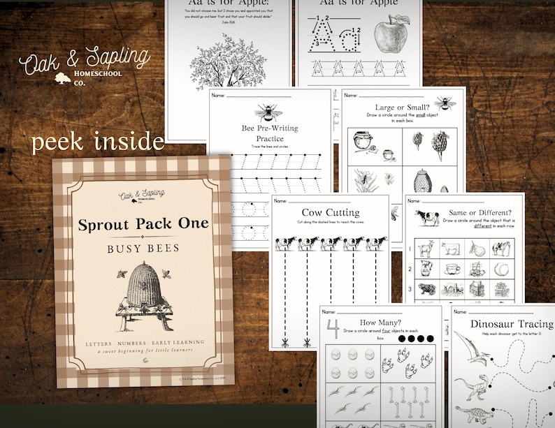 May include: A collection of educational worksheets for early learners. The worksheets include activities such as letter tracing, counting, and cutting exercises. The cover of the "Sprout Pack One" features a beehive illustration. The text "Oak & Sapling Homeschool Co." is visible.