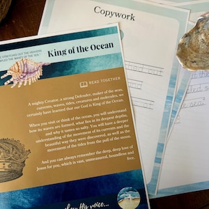 Peut inclure: Ensemble de mat&eacute;riel p&eacute;dagogique, dont un livre intitul&eacute; &laquo;&nbsp;King of the Ocean&nbsp;&raquo; avec une illustration de coquillage et du texte. Le livre est de couleur or et bleu. Il y a aussi des pages de copie et un coquillage.