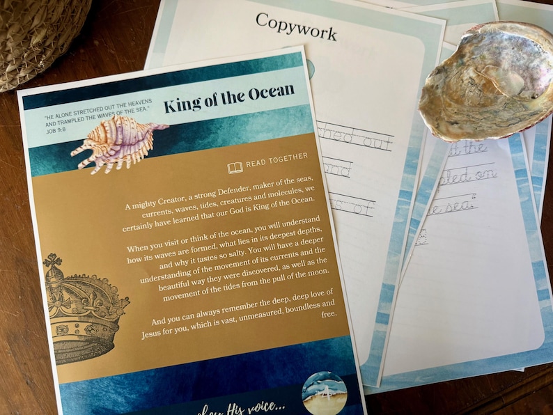 Peut inclure: Ensemble de mat&eacute;riel p&eacute;dagogique, dont un livre intitul&eacute; &laquo;&nbsp;King of the Ocean&nbsp;&raquo; avec une illustration de coquillage et du texte. Le livre est de couleur or et bleu. Il y a aussi des pages de copie et un coquillage.