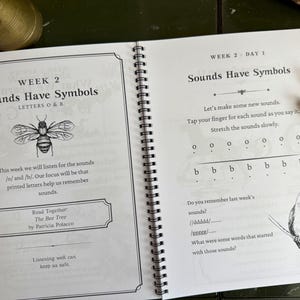 May include: A spiral-bound educational workbook open to Week 2, Day 1, titled Sounds Have Symbols. The pages feature black text, a bee illustration, and a bird illustration. The text includes instructions for phonics practice, letter recognition for O and B, and a reading list for The Bee Tree by Patricia Polacco.