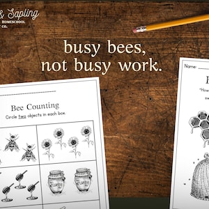 May include: A wooden background with the text "busy bees, not busy work." Two worksheets are visible, one titled "Bee Counting" and the other "Bb is for." A yellow pencil rests at the top. The worksheets feature bee and honey-themed illustrations.