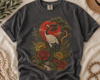 Vintage japanisches Kranich T-Shirt, Retro asiatisches Kunst-Grafik-T-Shirt, botanische Sonne Shirt, Ukiyo-e Natur-Kleidung, ästhetisches Streetwear Geschenk