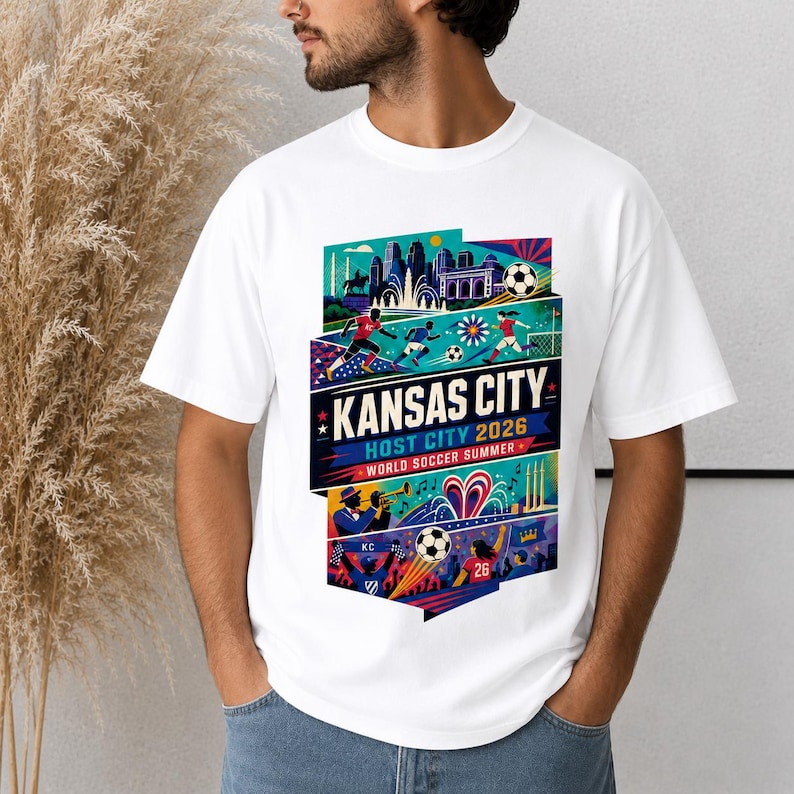 K&ouml;nnte beinhalten: Ein wei&szlig;es T-Shirt mit einem farbenfrohen Grafikdruck von Kansas City als Gastgeberstadt 2026. Das Design zeigt Fu&szlig;ballspieler, einen Fu&szlig;ball, eine Stadtansicht, einen Jazzmusiker und den Text KANSAS CITY HOST CITY 2026 WORLD SOCCER SUMMER.