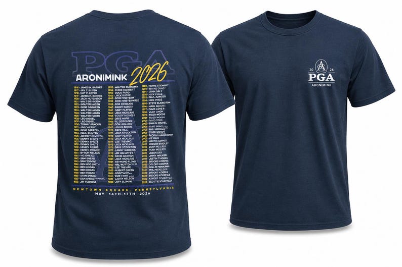 K&ouml;nnte beinhalten: Marineblaue T-Shirts mit dem PGA-Logo und Text. Ein Shirt zeigt den Text "PGA ARONIMINK 2026" mit einer Liste von Namen und Veranstaltungsdetails. Das andere Shirt hat ein kleineres Logo und den Text "2026 PGA ARONIMINK".