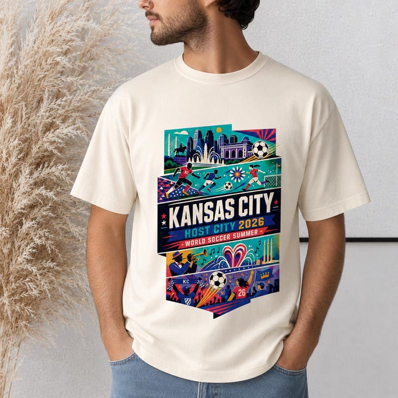 K&ouml;nnte beinhalten: Ein cremefarbenes T-Shirt mit einem lebendigen Grafikdruck und dem Text KANSAS CITY HOST CITY 2026 WORLD SOCCER SUMMER. Das Design zeigt Illustrationen von Fu&szlig;ballspielern, einem Fu&szlig;ball, einer Skyline und musikalischen Elementen in Blau.
