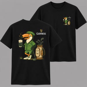 May include: Black t-shirts featuring a cartoon toucan golfer with a pint of beer and golf clubs. The Guinness logo is displayed on the front and a smaller version on the back. The toucan wears a green hat and shorts.