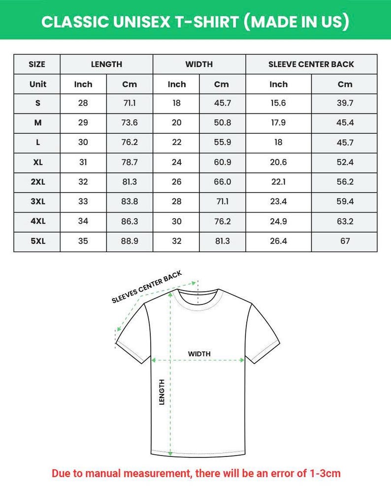 K&ouml;nnte beinhalten: Gr&ouml;&szlig;entabelle f&uuml;r ein klassisches Unisex-T-Shirt, hergestellt in den USA. Die Tabelle enth&auml;lt Ma&szlig;e in Zoll und Zentimetern f&uuml;r L&auml;nge, Breite und &Auml;rmelmitte hinten, von Gr&ouml;&szlig;e S bis 5XL. Eine Diagramm des T-Shirts mit Ma&szlig;angaben ist ebenfalls enthalten.