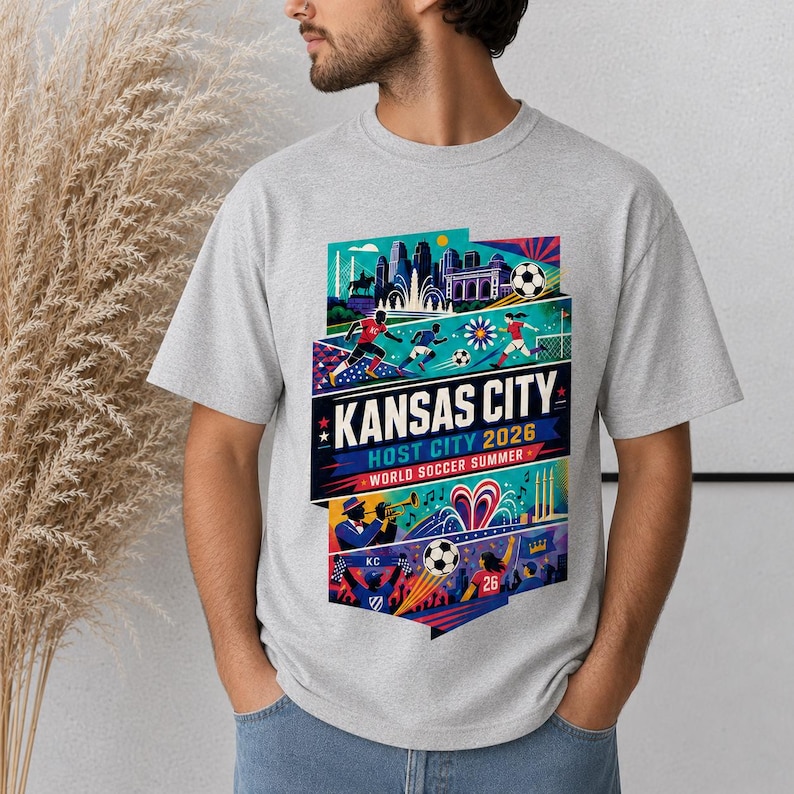 K&ouml;nnte beinhalten: Ein graues T-Shirt mit einem farbenfrohen Grafikdruck und dem Text KANSAS CITY HOST CITY 2026 WORLD SOCCER SUMMER. Das Design zeigt stilisierte Illustrationen von Fu&szlig;ballspielern, eine Skyline, einen Jazzmusiker und mehrere Fu&szlig;b&auml;lle.
