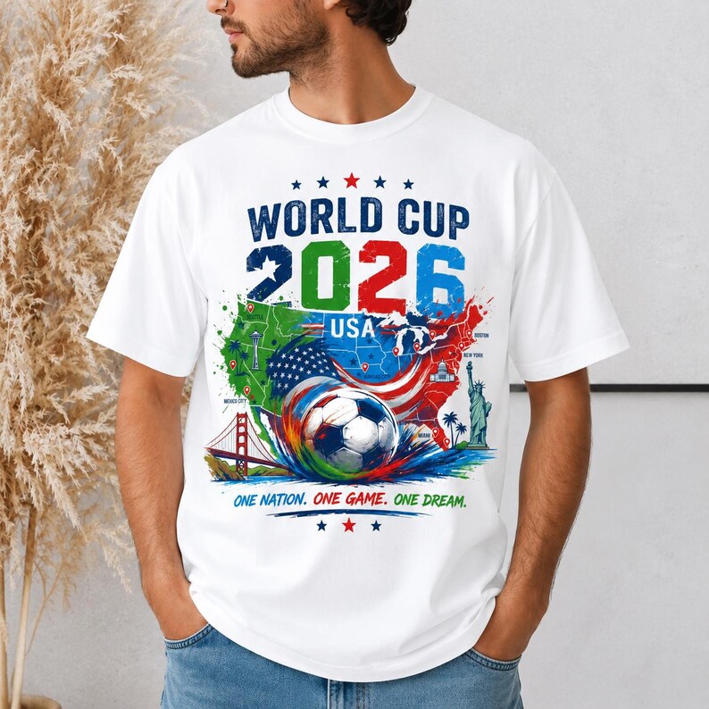 May include: White t-shirt featuring a colorful graphic for the 2026 World Cup USA. The design includes a soccer ball, a map of the USA, and the text "World Cup 2026 USA". The shirt also has the text "One Nation. One Game. One Dream."
