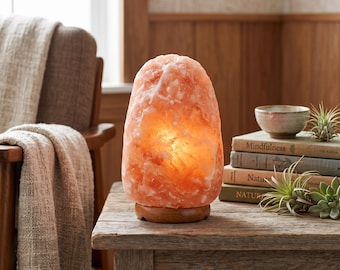 Natural Himalayan Pink Salt Lamp, Raw Crystal Rock Salt Light, Wooden Base Dimmable Bedside Lamp, Wabi Sabi Calming Wellness Home Decor Gift
