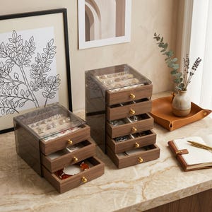 Walnut Stackable Jewelry Drawer Organizer, Anti-Tarnish Velvet Trays, Dustproof Acrylic Jewelry Chest, Vanity Storage Gift for Women