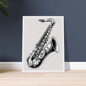 Black and White Saxophone Poster Elegant Sketch Art Print Music Lover Gift Modern Wall Decor