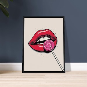 Pop Art Red Lips Lollipop Poster Playful Wall Decor for Fun Rooms Pop Culture Art Print Vibrant Lips Wall Art for Bedroom & Living Space