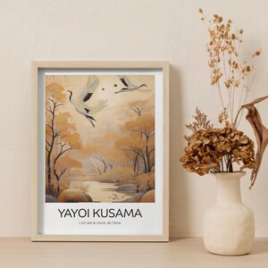 Pôster de arte de guindaste japonês Yayoi Kusama estilo guindastes coloridos no outono decoração moderna para sala de estar e escritório decoração de parede decoração de casa