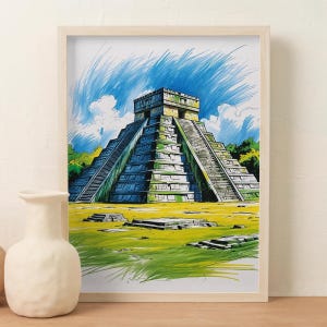 Chichén Itzá Colored Sketch Poster Vibrant Home Decor Wall Art Mayan Pyramid Print Travel Gift Mexican Landmark Illustration