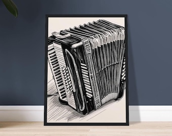 May include: Black and white illustration of an accordion in a black frame. The artwork depicts the instrument's keys, bellows, and straps in a detailed, artistic style. The framed art is displayed on a light-colored surface against a dark blue wall.