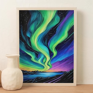 Aurora Borealis Poster Stunning Coloured Sketch of Northern Lights Perfect for Home Decor Wall Decor Office Decor Vibrant Print