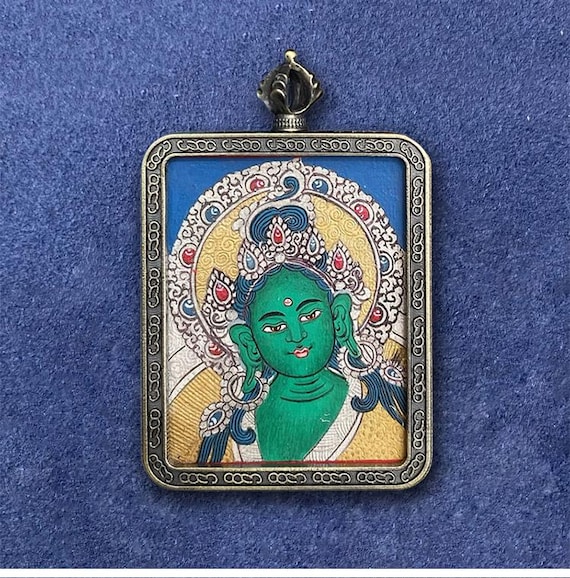 Hand-painted Tibetan Green Tara Thangka Pendant – Spiritual - Main Image