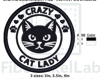Crazy Cat Lady Aufnäher Stickdatei - Stickdatei zum sofortigen Download