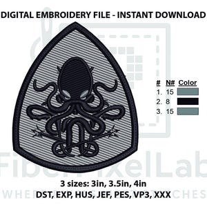 May include: Digital embroidery file of a black octopus emblem. The design is within a shield shape and includes the text "DIGITAL EMBROIDERY FILE - INSTANT DOWNLOAD". Available in 3 sizes: 7.6cm, 8.9cm, and 10.2cm.