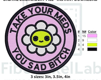 Kawaii Flower Embroidery Design – Dark Humor Patch (Digital Download)