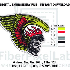 May include: Digital embroidery file of a skull design with a feathered headdress and flames. The design uses yellow, red, black, and grey colours. Available in 6 sizes: 20cm, 23cm, 25cm, 28cm, and 30cm. File formats include DST, EXP, HUS, JEF, PES, VP3, and XXX.