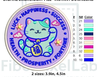 Lucky Cat Prosperity Patch Embroidery Design – Instant Download