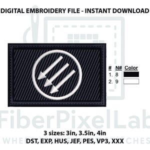 Puede incluir: Archivo de bordado digital con un parche negro con un círculo blanco y tres flechas que apuntan hacia abajo. El parche está disponible en tres tamaños: 7,6 cm, 8,9 cm y 10,2 cm. Descarga instantánea.