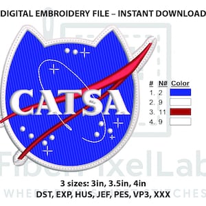 Puede incluir: Archivo de bordado digital con un diseño azul y rojo y el texto "CATSA". El diseño tiene forma de cabeza de gato. Disponible en tamaños de 3, 3,5 y 4 pulgadas (7,6, 8,9 y 10,2 cm).