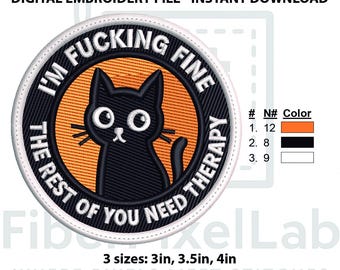 Sarcastic Black Cat I'm Fine Embroidery Design – Instant Download