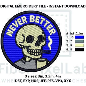 Puede incluir: Parche bordado con una calavera fumando un cigarrillo y sosteniendo una taza, con las palabras "NEVER BETTER" en un diseño circular. El parche es azul, negro y beige, disponible en 3 tamaños: 7,6 cm, 8,9 cm y 10,2 cm.
