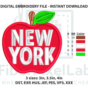 Puede incluir: Archivo de bordado digital que muestra una manzana roja con el texto "NEW YORK" en blanco. La manzana tiene un tallo marrón y una hoja verde. El archivo está disponible en tres tamaños: 7,6 cm, 8,9 cm y 10,2 cm.
