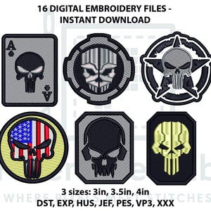 May include: Six digital embroidery files featuring skull designs. The designs include a skull on a playing card, a skull within a star, and a skull with an American flag design. The text reads "16 DIGITAL EMBROIDERY FILES - INSTANT DOWNLOAD" and "3 sizes: 7.6cm, 8.9cm, 10.2cm".