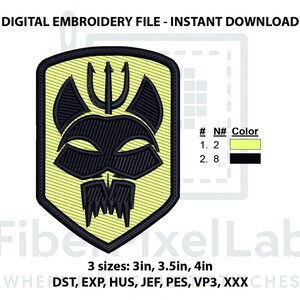 May include: Digital embroidery file featuring a black and yellow shield-shaped design with a devil face and trident. The file is available in three sizes: 3in, 3.5in, and 4in. The text "DIGITAL EMBROIDERY FILE - INSTANT DOWNLOAD" is at the top.