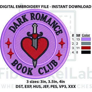 May include: A circular digital embroidery design featuring a purple background with a central red heart pierced by a grey sword. The text DARK ROMANCE BOOK CLUB is embroidered in black along the border, accented by four red four-pointed stars.