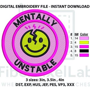 Rolig mental hälsa-lapp med instabil smiley-broderidesign – direkt nedladdning