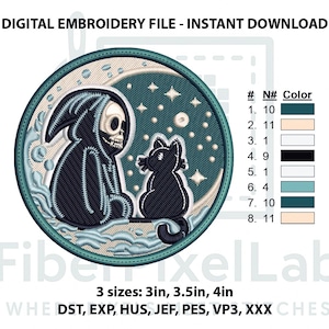 May include: Embroidered circular design with a Grim Reaper and black cat on a crescent moon, with stars. The design includes the text "DIGITAL EMBROIDERY FILE - INSTANT DOWNLOAD" and is available in 7.6, 8.9, and 10.2 cm sizes.