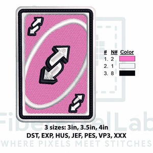 Könnte beinhalten: Rosa bestickte Karte mit schwarzem Rand und weißen Pfeilen, mit dem Wort "Reverse". Die Karte ist Teil eines Spiels. Das Bild enthält auch den Text "3 Größen: 7,6cm, 8,9cm, 10,2cm".