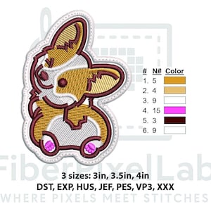 Könnte beinhalten: Gestickter Aufnäher mit einem Cartoon-Corgi-Hund-Design. Der Corgi hat ein weißes, goldenes und kastanienbraunes Farbschema. Erhältlich in den Größen 7,6 cm, 8,9 cm und 10,2 cm. Der Text "Fiber Pixel Lab" und "WHERE PIXELS MEET STITCHES" sind ebenfalls sichtbar.