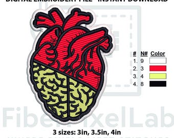 Anatomical Heart Brain Split Embroidery Design – Instant Download
