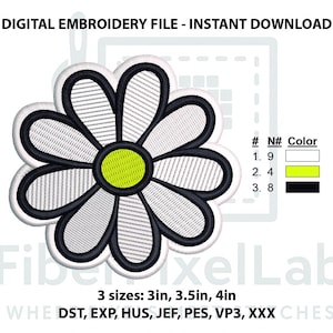 May include: A digital embroidery file featuring a daisy design with white petals, black outlines, and a yellow center. The file is available in three sizes: 3in, 3.5in, and 4in. The text "DIGITAL EMBROIDERY FILE - INSTANT DOWNLOAD" is at the top.