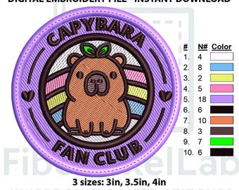 Capybara Fan Club Embroidery Design – Pastel Animal Patch (Instant Download)