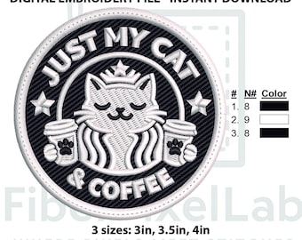 Funny Cat Coffee Patch Embroidery Design – Instant Download