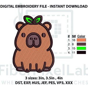 Puede incluir: Archivo de bordado digital de un capibara de dibujos animados con una corona de hojas. El diseño utiliza tonos marrones, verdes y negros. Incluye el texto "DIGITAL EMBROIDERY FILE - INSTANT DOWNLOAD" y tamaños de 7.6cm, 8.9cm y 10.2cm.