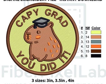 Funny Capybara Graduation Patch Embroidery Design – Instant Download
