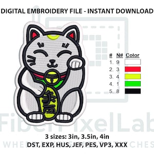 May include: Digital embroidery file featuring a Maneki-neko cat design. The cat is white with black outlines, red accents, and a gold coin. The file is available in three sizes: 3in, 3.5in, and 4in. The text "DIGITAL EMBROIDERY FILE - INSTANT DOWNLOAD" is at the top.