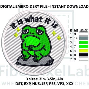 May include: Circular embroidery patch with a green frog and the phrase "it is what it is". The frog has a sad expression and sits on a rock. Available in 3 sizes: 7.6cm, 8.9cm, and 10.2cm.