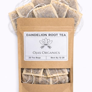 May include: A package of dandelion root tea bags from Ojas Organics. The brown paper bag has a clear window showing the tea bags. The label reads "Dandelion Root Tea" and "20 Tea Bags". The tea bags are visible above and below the label.